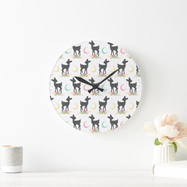 Reloj Redondo Grande Patrón de ciervos, venado bebé, boho, flores, luna (Hogar)