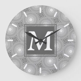 Reloj Redondo Grande Patrón de círculos grises de monograma