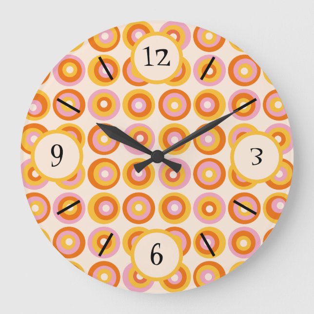 Reloj Redondo Grande Patrón de Círculos Naranjas Retro Mid Century (Anverso)