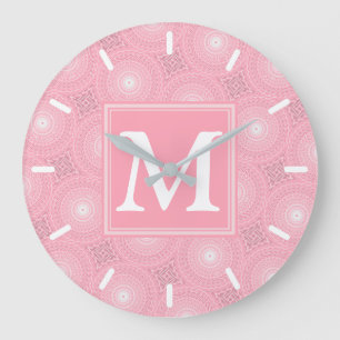 Reloj Redondo Grande Patrón de círculos rosados monograma