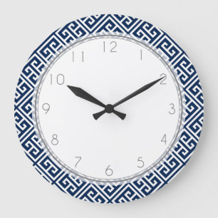 Reloj Redondo Grande Patrón de clave griega azul de la marina