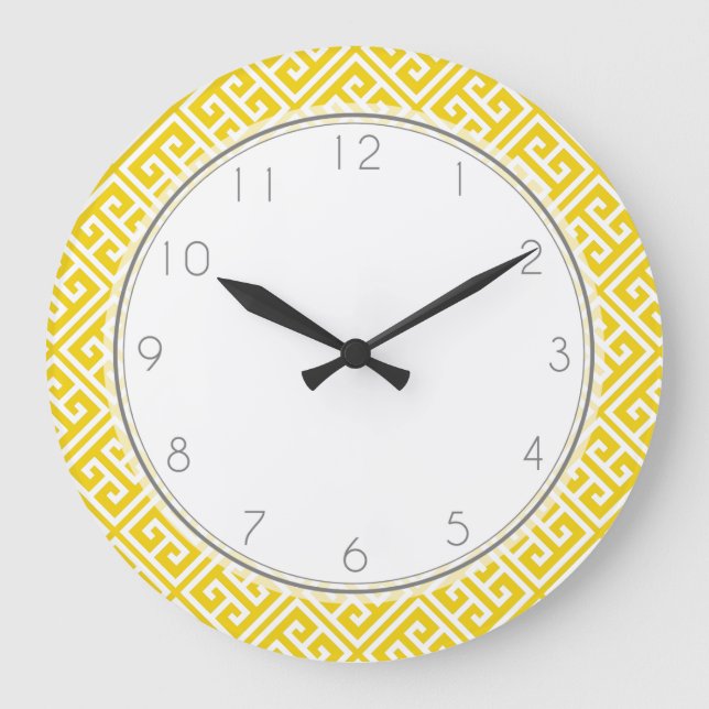 Reloj Redondo Grande Patrón de claves griegas de limón amarillo (Anverso)