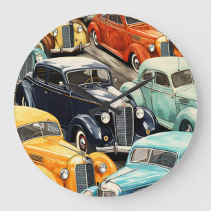 Reloj Redondo Grande Patrón de coches antiguos