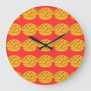 Reloj Redondo Grande Patrón de comida colorida sobre fondo rojo