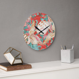 Reloj Redondo Grande Patrón de conchas de coral rojo turquesa acuático