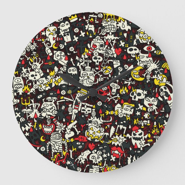 Reloj Redondo Grande Patrón de cosecha de Halloween Mini Doodle (Anverso)