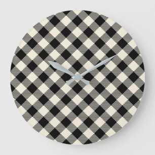 Reloj Redondo Grande Patrón de cuadros escoceses gingham diagonal negro