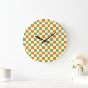 Reloj Redondo Grande Patrón de cuadros gingham verde naranja marrón