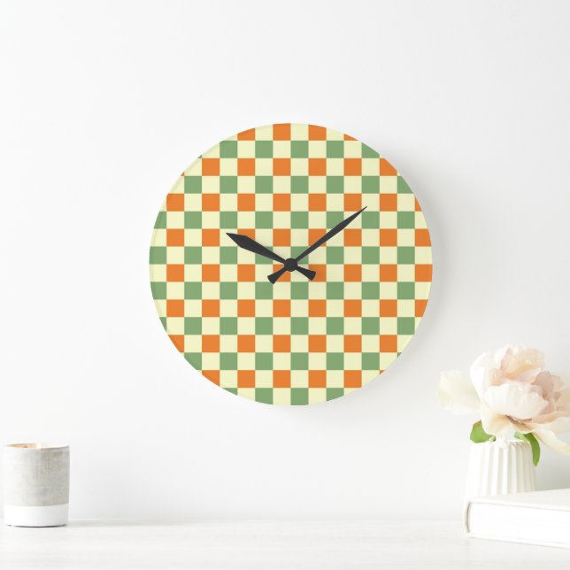 Reloj Redondo Grande Patrón de cuadros gingham verde naranja marrón (Hogar)