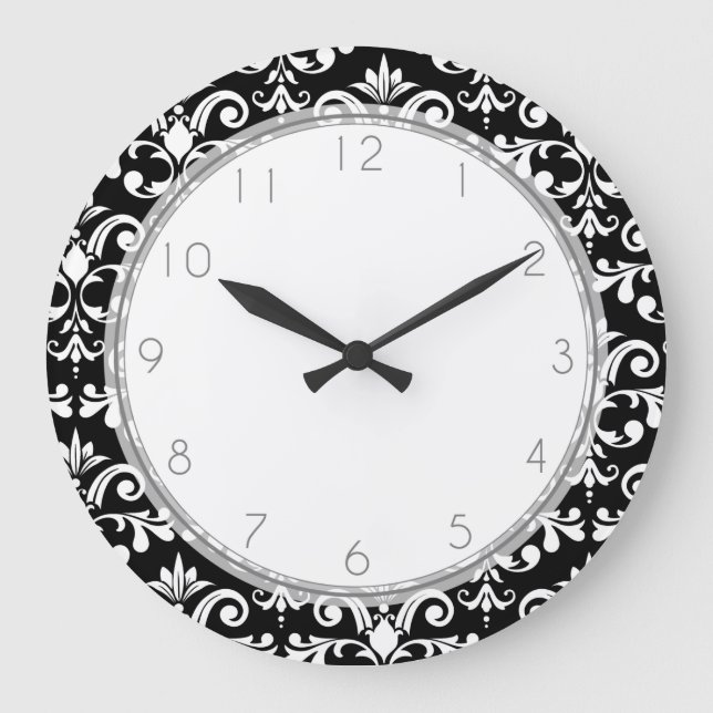 Reloj Redondo Grande Patrón de Damasco en blanco y negro (Anverso)