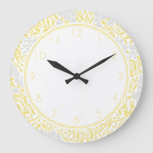 Reloj Redondo Grande Patrón de Damasco floral gris y amarillo