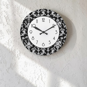Reloj Redondo Grande Patrón de damasco victoriano en blanco y negro