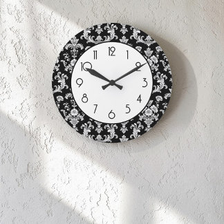 Reloj Redondo Grande Patrón de damasco victoriano en blanco y negro