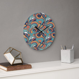 Reloj Redondo Grande Patrón de delfines lúdicos - Diseño de inspiración