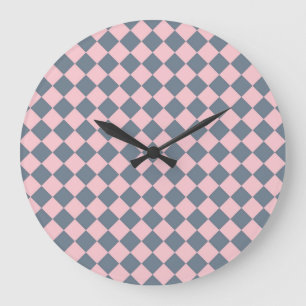Reloj Redondo Grande Patrón de diamante de cuadros rosa gris
