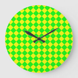 Reloj Redondo Grande Patrón de diamante de cuadros verde amarillo