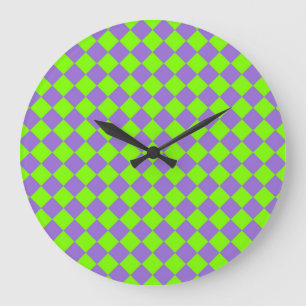Reloj Redondo Grande Patrón de diamante de cuadros verdes y morados