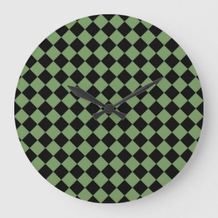 Reloj Redondo Grande Patrón de diamante de cuadros verdes y negros