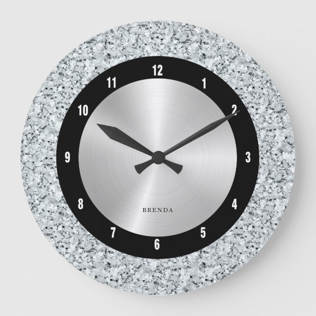 Reloj Redondo Grande Patrón de diamantes falsos blancos (Anverso)