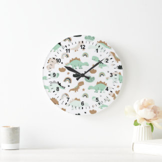Reloj Redondo Grande Patrón de dinosaurio verde de menta