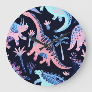 Reloj Redondo Grande Patrón de dinosaurios personalizados.