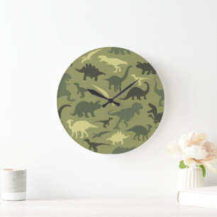 Reloj Redondo Grande Patrón de dinosaurios, silueta de dinosaurios, din