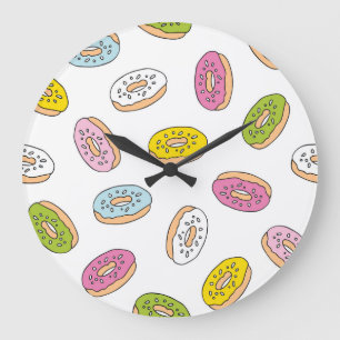 Reloj Redondo Grande Patrón de donuts Doodle, diseño sin fisuras.
