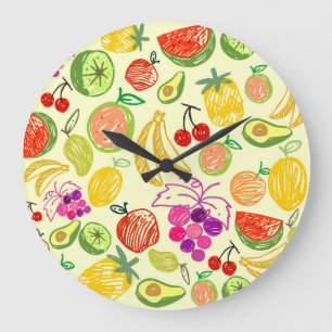 Reloj Redondo Grande Patrón de Doodle de Frutas