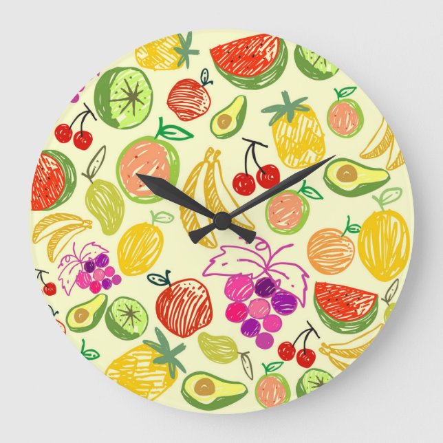 Reloj Redondo Grande Patrón de Doodle de Frutas (Anverso)