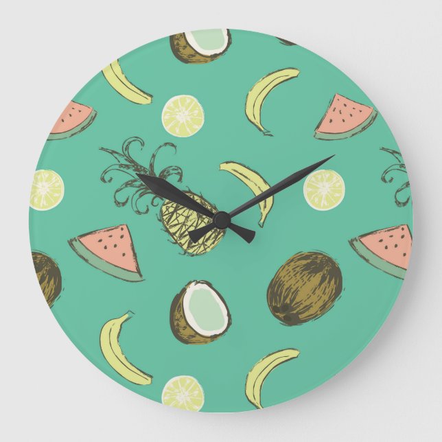 Reloj Redondo Grande Patrón de doodle de frutas tropicales (Anverso)