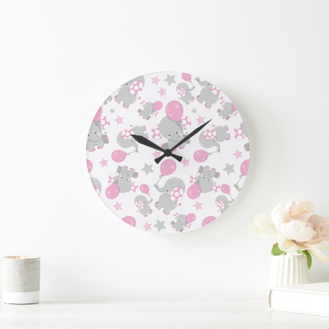 Reloj Redondo Grande Patrón de Elefantes, Elefantes Cutos - Gris Rosa (Hogar)