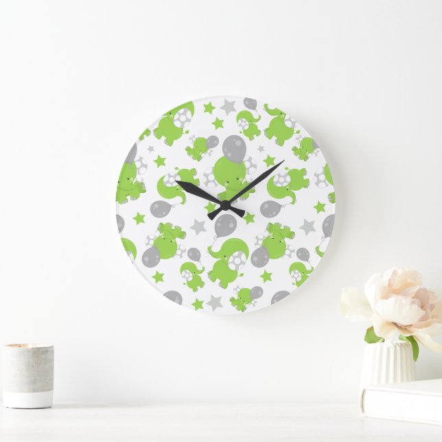 Reloj Redondo Grande Patrón De Elefantes Verdes, Elefantes Cubiertos, E (Hogar)