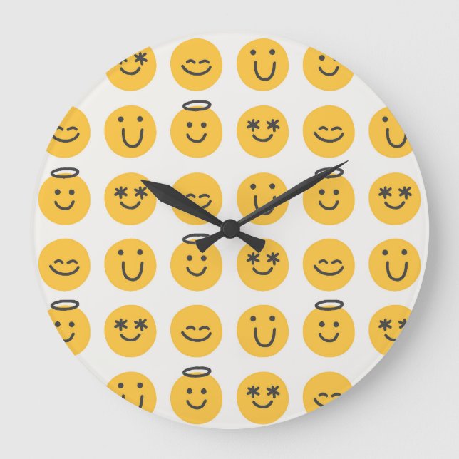 Reloj Redondo Grande Patrón de Emoji feliz dibujado a mano (Anverso)