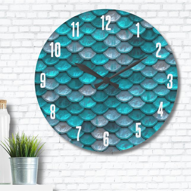 Reloj Redondo Grande Patrón de escalas de sirenas Verde azuladas de tur (Metallic Turquoise Teal Mermaid Scales Pattern Large Clock )