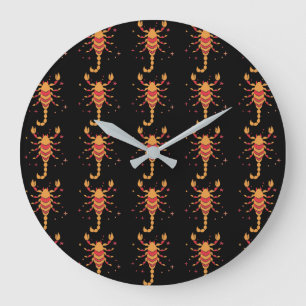 Reloj Redondo Grande Patrón de escorpión colorido sobre fondo negro