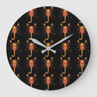 Reloj Redondo Grande Patrón de escorpión colorido sobre fondo negro