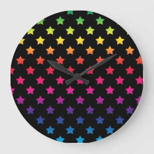 Reloj Redondo Grande Patrón de estrellas de arcoíris sobre fondo negro