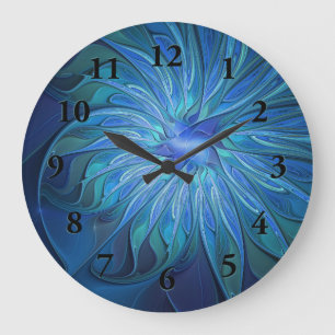 Reloj Redondo Grande Patrón de fantasía de flor azul, arte fractal abst