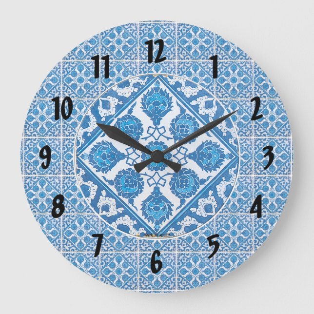 Reloj Redondo Grande Patrón de flor de maíz blanco azul Números negros (Anverso)
