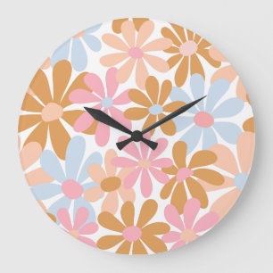 Reloj Redondo Grande Patrón de flor de margarita pastel retro