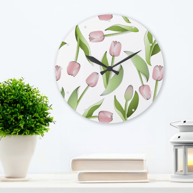 Reloj Redondo Grande Patrón de Flor de Tulipán Rosa Moderno (Subido por el creador)