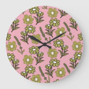 Reloj Redondo Grande Patrón de flor hippie y hondo retro rosa verde Y2K