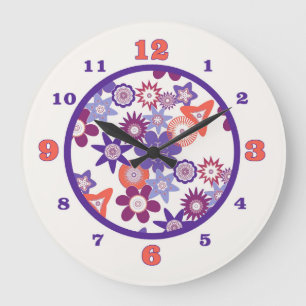 Reloj Redondo Grande Patrón de flor morado/coral