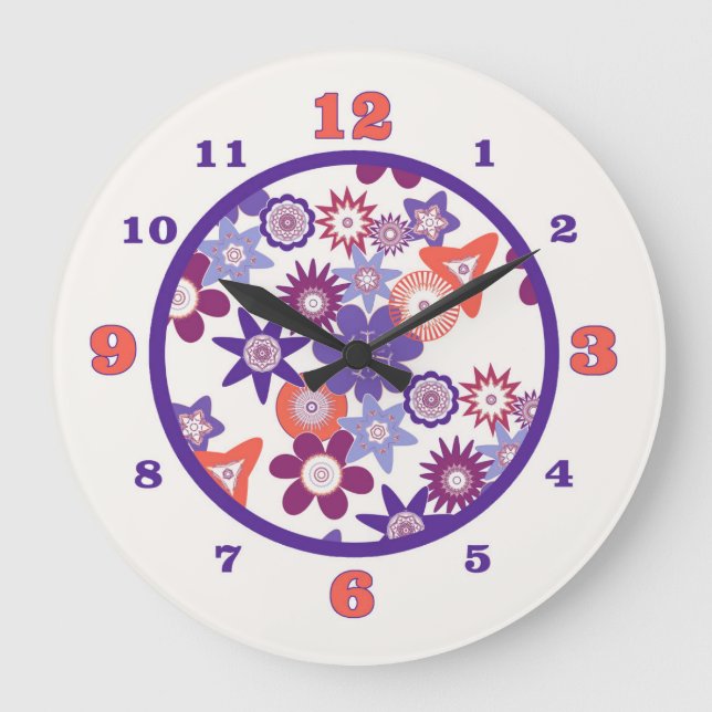 Reloj Redondo Grande Patrón de flor morado/coral (Anverso)