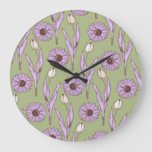 Reloj Redondo Grande Patrón de flor retro verde púrpura funky hippie Y2
