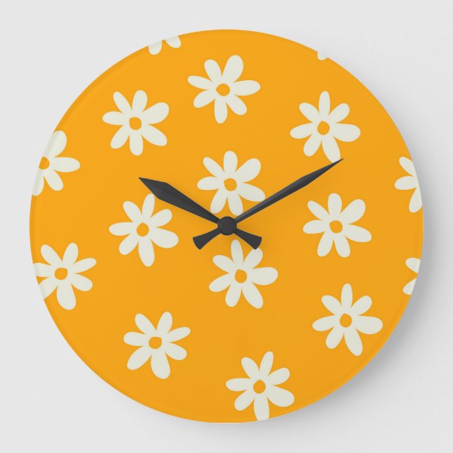 Reloj Redondo Grande Patrón de flor simple flor floral blanco amarillo  (Anverso)