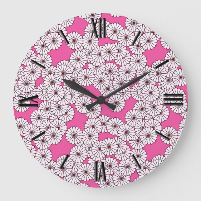Reloj Redondo Grande Patrón de flores Art Deco - blanco sobre rosa (Anverso)