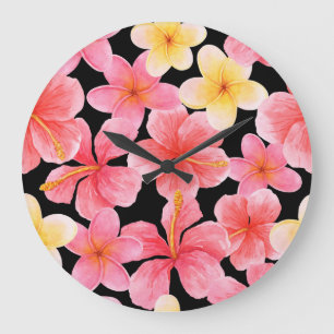 Reloj Redondo Grande Patrón de flores de color acuático Plumeria Hibisc