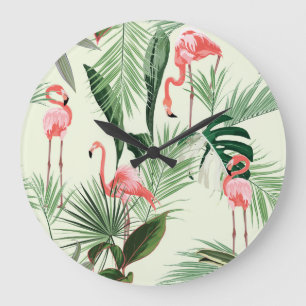 Reloj Redondo Grande Patrón de flores exóticas Flamingo rosa