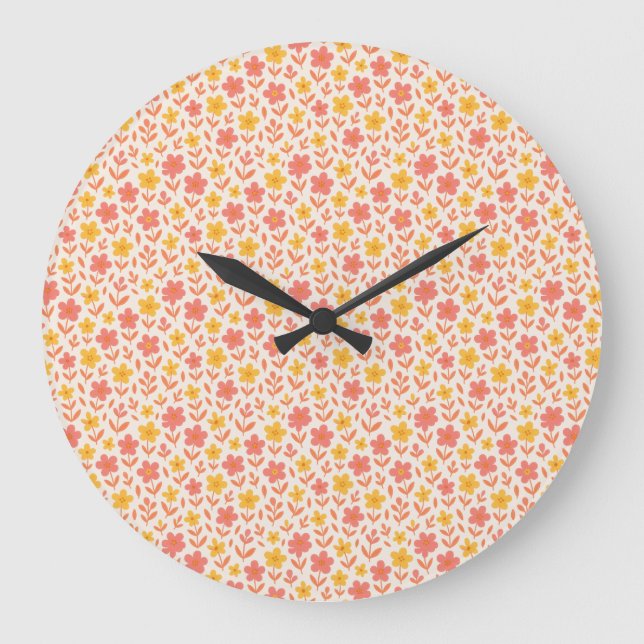Reloj Redondo Grande Patrón de flores rosadas y amarillas (Anverso)